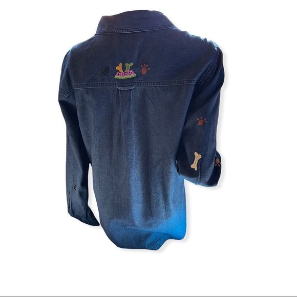 Quacker Factory Fido Dog Blue Denim Rhinestone Beads Button Up Shirt - Picture 4 of 10